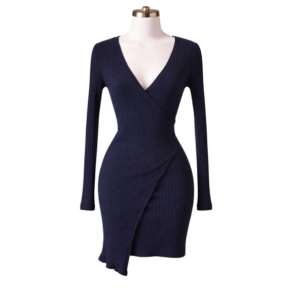 Navy Ribbed Wrap Bodycon Dress Long Sleeve Charlotte Russe Womens S USA - Picture 1 of 10